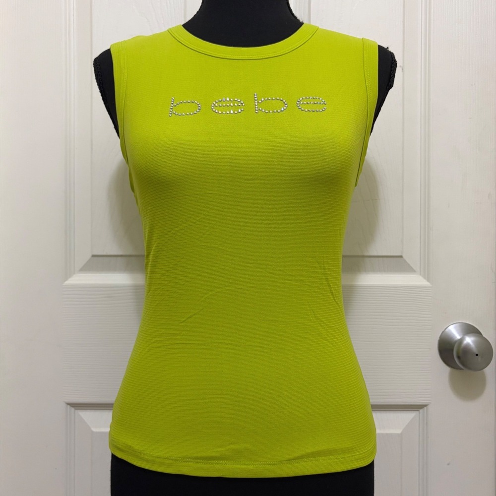 NEW Bebe Sport Mesh‎ Muscle Tank Top Lime Green Rhinestone McBling Y2K USA Made